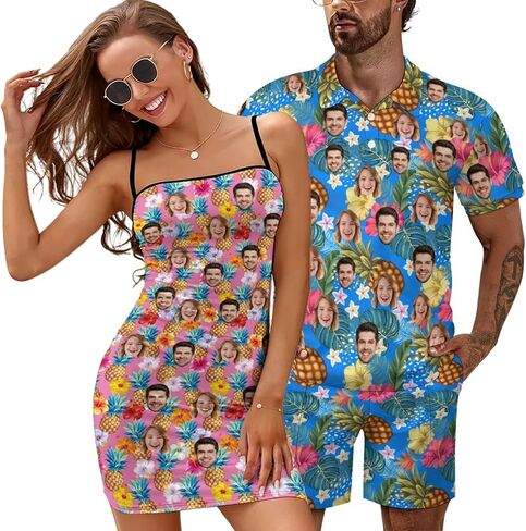D-Story Custom Face Matching Couple Hawaiian Set Luau Party Outfit Personalized Shirt Shorts Dress with Photo Valentine Gift in Saudi Arabia