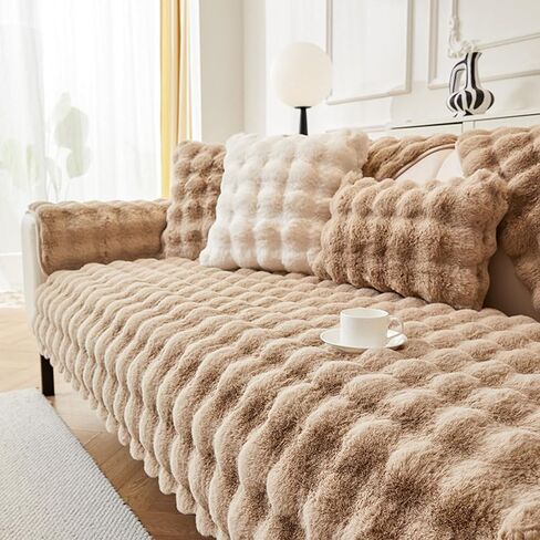 5Pcs Couch Cover Set Washable Sofa Cover for Dogs Pets Faux Fur Nonslip Sofa Slipcover with Loveseat Cover Pillow Covers Arm Covers Decorative Furniture Protector,Khaki in Saudi Arabia