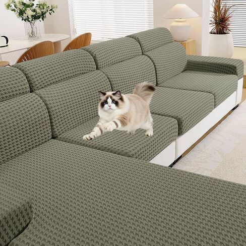 MAXIJIN Couch Cushion Covers for Sectional Sofa, Stretch Sofa Cushion Cover Washable Furniture Protector with Elastic Bottom & Non-Slip Strap for Pets Kids (3 Seater + 1 Chaise, Army Green) in Saudi Arabia