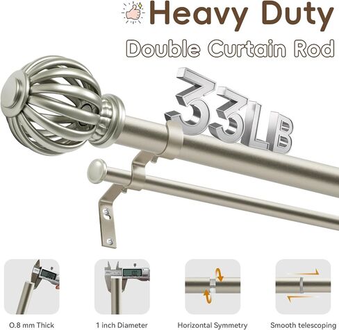 Ycolnaefllr Double Curtain Rods 72-144 Inch - 1 Inch Heavy Duty Telescoping Window Curtain Rod Set in Brushed Nickel, Decorative Cage Finials for Living Room and Bedroom in Saudi Arabia