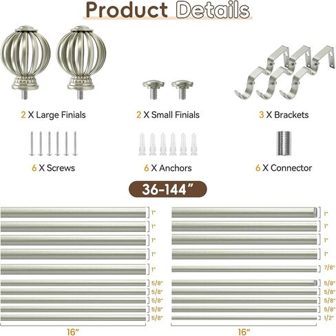Ycolnaefllr Double Curtain Rods 72-144 Inch - 1 Inch Heavy Duty Telescoping Window Curtain Rod Set in Brushed Nickel, Decorative Cage Finials for Living Room and Bedroom in Saudi Arabia