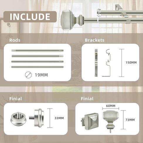 Double Curtain Rod with Square Finials，3/4-Inch Diameter,Adjusts Rod Length from 30 to 55 Inch,Nickel in Saudi Arabia