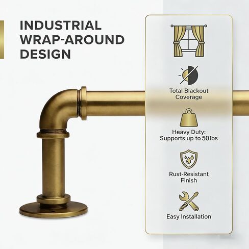 Aged Brass Industrial Curtain Rod for Windows 18 to 88 Inches,1 Inch Adjustable Drapery Pole,Heavy Duty Outdoor/Indoor Modern Curtain Rods,Easy Installation(Aged Brass 18"-88") in Saudi Arabia