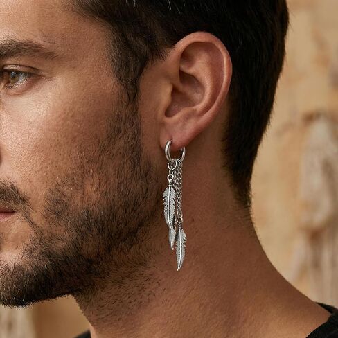 Feather Earrings for Men, Punk Huggie Hoop Mens Dangle Earrings,Tassel Dangle Feather Earrings for Women, Hip Hop Dangle Earrings for Men with Feather Drop Design in Kuwait