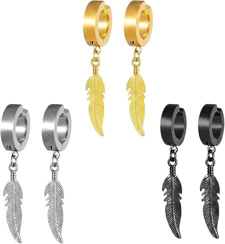 Non-Piercing Clip on Hoop Earrings Set, Feather Dangle Ear Clips for Men and Women, No Pierced Huggie Hoops, 3 Pairs Black Gold Silver in Saudi Arabia