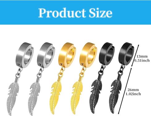 Non-Piercing Clip on Hoop Earrings Set, Feather Dangle Ear Clips for Men and Women, No Pierced Huggie Hoops, 3 Pairs Black Gold Silver in Saudi Arabia