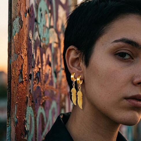 Non-Piercing Clip on Hoop Earrings Set, Feather Dangle Ear Clips for Men and Women, No Pierced Huggie Hoops, 3 Pairs Black Gold Silver in Saudi Arabia