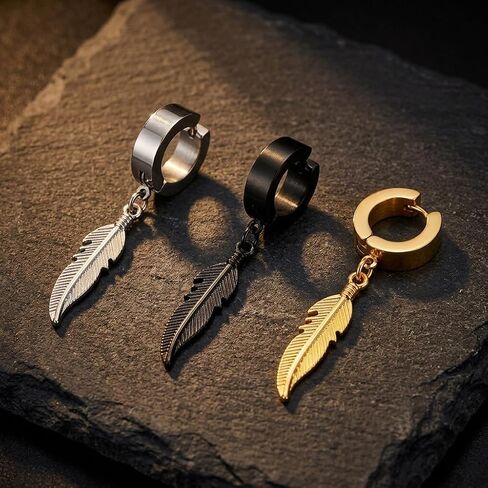 Non-Piercing Clip on Hoop Earrings Set, Feather Dangle Ear Clips for Men and Women, No Pierced Huggie Hoops, 3 Pairs Black Gold Silver in Saudi Arabia