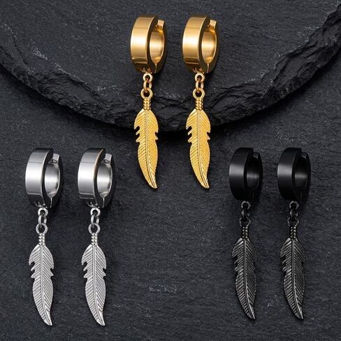 Non-Piercing Clip on Hoop Earrings Set, Feather Dangle Ear Clips for Men and Women, No Pierced Huggie Hoops, 3 Pairs Black Gold Silver in Saudi Arabia