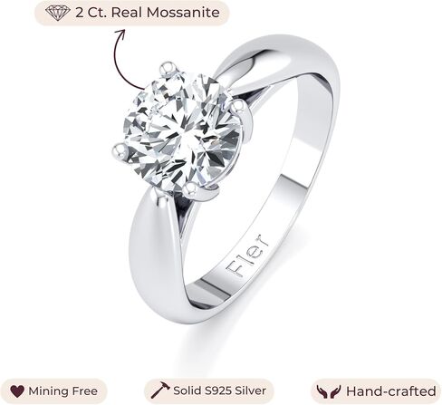 FLER 2CT Solitaire Moissanite Engagement Ring for Women, 8MM Round D Color VVS1 Clarity, 4-Prong Handmade Stone Setting - 22K White Gold Filled Solid 925 Sterling Silver, Promise Rings for Her in Saudi Arabia