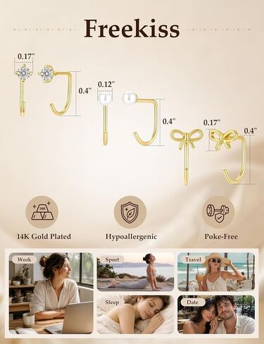 Freekiss 3 Pairs Backless Half Hoop Earrings Set for Women, Dainty 14K Gold Plated CZ Stay Close Hoop Earrings, Hypoallergenic Huggie Stackable Earring for Everyday & Sleep Wear Jewelry Gift in Saudi Arabia