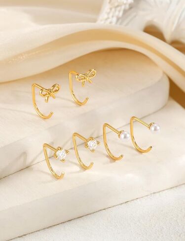 Freekiss 3 Pairs Backless Half Hoop Earrings Set for Women, Dainty 14K Gold Plated CZ Stay Close Hoop Earrings, Hypoallergenic Huggie Stackable Earring for Everyday & Sleep Wear Jewelry Gift in Saudi Arabia