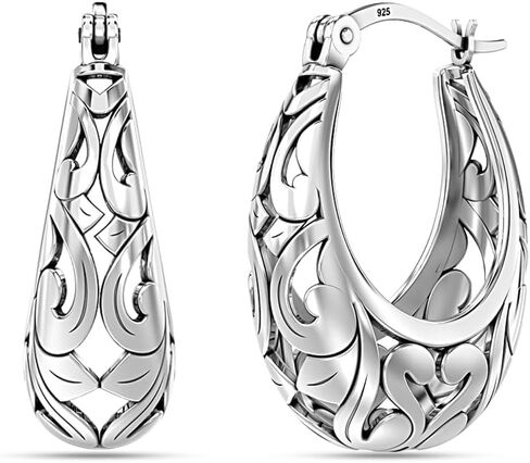 LeCalla 925 Sterling Silver Hoop Earrings | Women's Chunky Filigree Hoop Earrings | Antique Filigree Cut Earring | Lightweight & Hypoallergenic Vintage Hoops Earring for Women in Kuwait