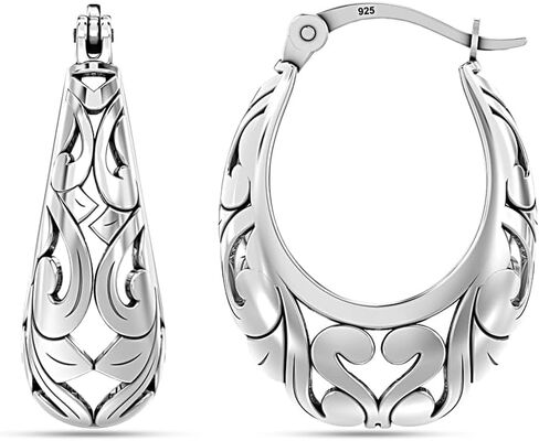 LeCalla 925 Sterling Silver Hoop Earrings | Women's Chunky Filigree Hoop Earrings | Antique Filigree Cut Earring | Lightweight & Hypoallergenic Vintage Hoops Earring for Women in Kuwait