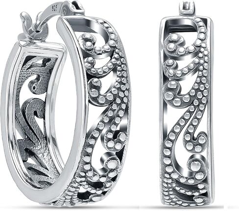 LeCalla 925 Sterling Silver Hoop Earrings | Women's Chunky Filigree Hoop Earrings | Antique Filigree Cut Earring | Lightweight & Hypoallergenic Vintage Hoops Earring for Women in Kuwait