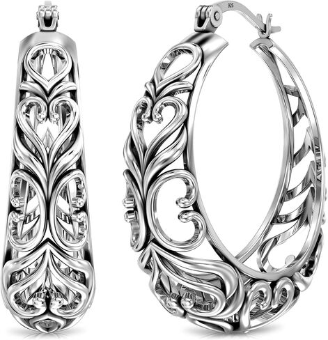 LeCalla 925 Sterling Silver Hoop Earrings | Women's Chunky Filigree Hoop Earrings | Antique Filigree Cut Earring | Lightweight & Hypoallergenic Vintage Hoops Earring for Women in Kuwait