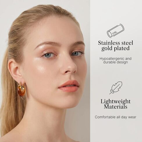 Vintage Earrings for Women, Chunky 18K Gold Plated Resin Acrylic Hoop Earrings Lightweight Tortoise Shell Earrings Hypoallergenic Waterproof Brown Earrings Trendy Statement Jewelry Gifts in Saudi Arabia