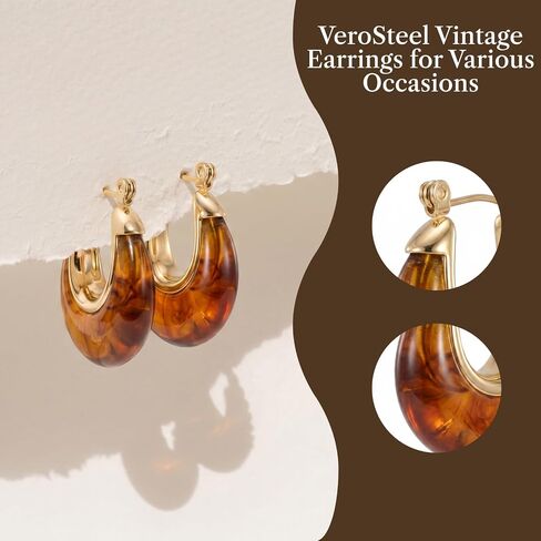 Vintage Earrings for Women, Chunky 18K Gold Plated Resin Acrylic Hoop Earrings Lightweight Tortoise Shell Earrings Hypoallergenic Waterproof Brown Earrings Trendy Statement Jewelry Gifts in Saudi Arabia