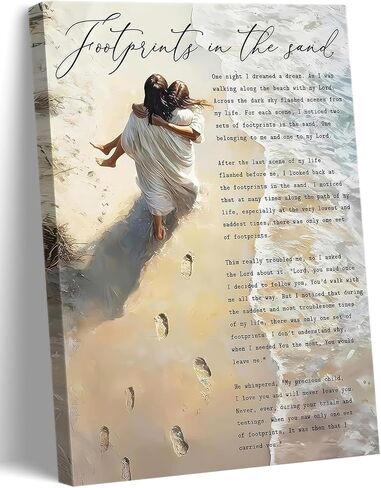 YOXORDQ Footprints in the Sand Poem Wall Art-Wrapping Canvas-12x16in | Chrisitan Inspirational Picture,Jesus Hugging Woman Poster Prints for Women Living Room Bedroom Wall Decor Ready to Hang in Saudi Arabia