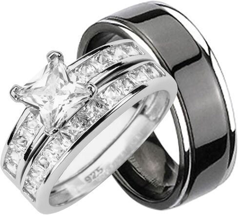 His Hers Wedding Ring Set, Silver Black Titanium in Saudi Arabia