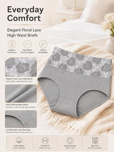 High Waist Tummy Control Panties for Women, Fashion Full Coverage Floral Print Briefs for Daily Wear in Kuwait