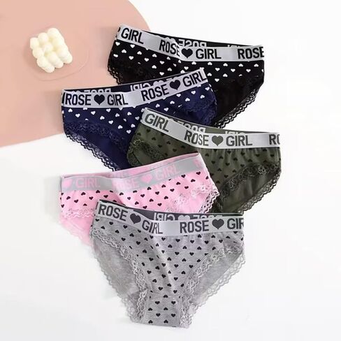 5 Pack Women’s Cotton Bikini Underwear, Letter Waistband Panties with Lace Trim, Soft Breathable Everyday Briefs in Kuwait
