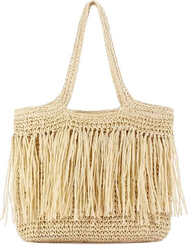 Large Capacity Fringe Straw Beach Tote Bag for Women vacation Summe，Lightweight HandWoven Shoulder Bag in Saudi Arabia