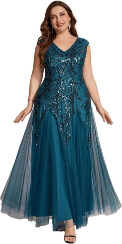 Ever-Pretty Plus Women's V-Neck Sequin Plus Size Formal Evening Dress A-Line Cap Sleeves Prom Dresses Ball Gowns in Kuwait