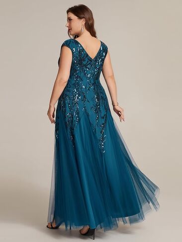 Ever-Pretty Plus Women's V-Neck Sequin Plus Size Formal Evening Dress A-Line Cap Sleeves Prom Dresses Ball Gowns in Kuwait