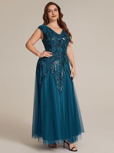 Ever-Pretty Plus Women's V-Neck Sequin Plus Size Formal Evening Dress A-Line Cap Sleeves Prom Dresses Ball Gowns in Kuwait