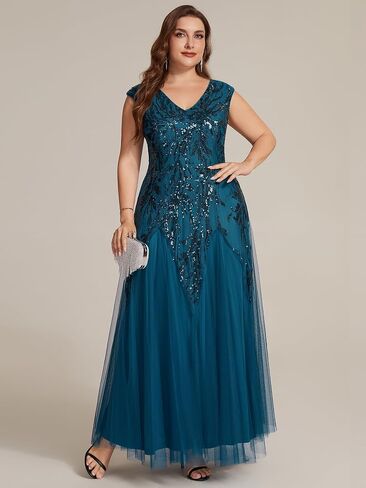 Ever-Pretty Plus Women's V-Neck Sequin Plus Size Formal Evening Dress A-Line Cap Sleeves Prom Dresses Ball Gowns in Kuwait