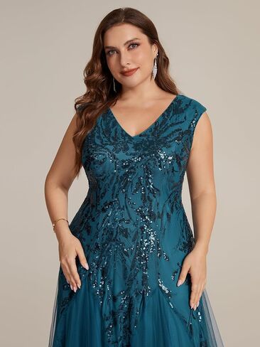 Ever-Pretty Plus Women's V-Neck Sequin Plus Size Formal Evening Dress A-Line Cap Sleeves Prom Dresses Ball Gowns in Kuwait