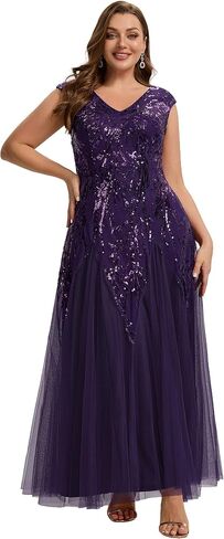Ever-Pretty Plus Women's V-Neck Sequin Plus Size Formal Evening Dress A-Line Cap Sleeves Prom Dresses Ball Gowns in Kuwait