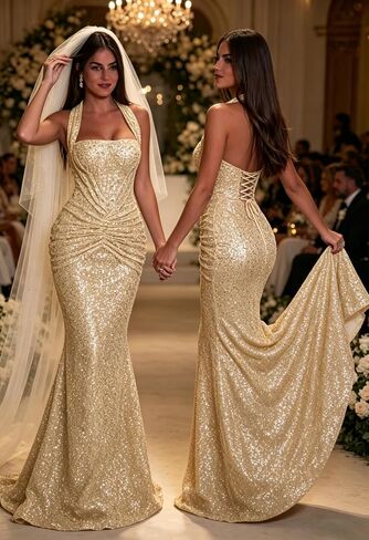 Women's Sequin Mermaid Prom Dress Halter Neck Ruched Formal Evening Gown Sparkly Floor Length Bridesmaid Dress KN129 in Kuwait