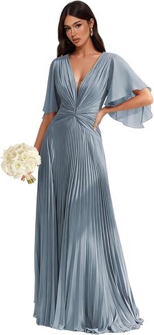 Pleated Chiffon Bridesmaid Dresses - Flutter Sleeves V-Neck Long Formal Gown A-Line Wedding Guest Dress for Women in Kuwait