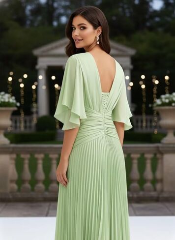 Pleated Chiffon Bridesmaid Dresses - Flutter Sleeves V-Neck Long Formal Gown A-Line Wedding Guest Dress for Women in Kuwait