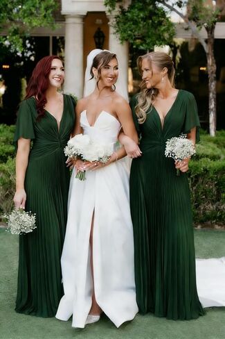 Pleated Chiffon Bridesmaid Dresses - Flutter Sleeves V-Neck Long Formal Gown A-Line Wedding Guest Dress for Women in Kuwait