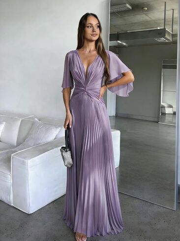Pleated Chiffon Bridesmaid Dresses - Flutter Sleeves V-Neck Long Formal Gown A-Line Wedding Guest Dress for Women in Kuwait