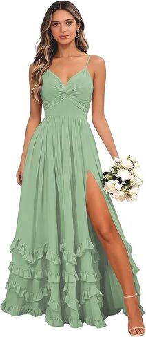 Spaghetti Straps Bridesmaid Dresses 2026 Tiered V Neck Chiffon Long Formal Wedding Guest Dress with Slit in Saudi Arabia