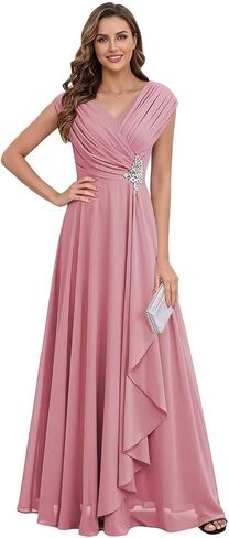 Chiffon Cap Sleeve Mother of The Bride Dresses Long for Women A-Line Pleated V-Neck Wedding Guest Dress in Kuwait