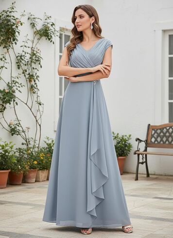 Chiffon Cap Sleeve Mother of The Bride Dresses Long for Women A-Line Pleated V-Neck Wedding Guest Dress in Kuwait