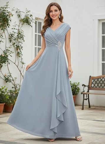Chiffon Cap Sleeve Mother of The Bride Dresses Long for Women A-Line Pleated V-Neck Wedding Guest Dress in Kuwait