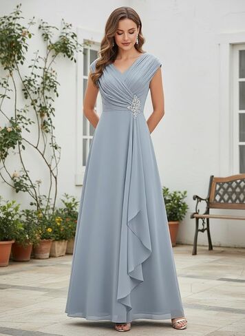 Chiffon Cap Sleeve Mother of The Bride Dresses Long for Women A-Line Pleated V-Neck Wedding Guest Dress in Kuwait