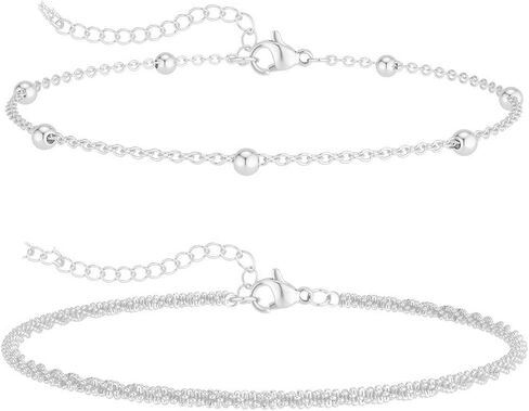Double Layer Gold Anklet Set for Women Simple Silver Bead Minimalist Foot Jewelry Adjustable Chain Beach Accessories in Saudi Arabia