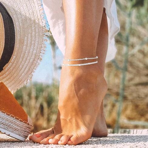 Double Layer Gold Anklet Set for Women Simple Silver Bead Minimalist Foot Jewelry Adjustable Chain Beach Accessories in Saudi Arabia