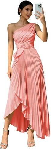 One Shoulder Satin Bridesmaid Dresses for Women Pleated Maxi Formal Evening Dress with Slit L07028 in Saudi Arabia