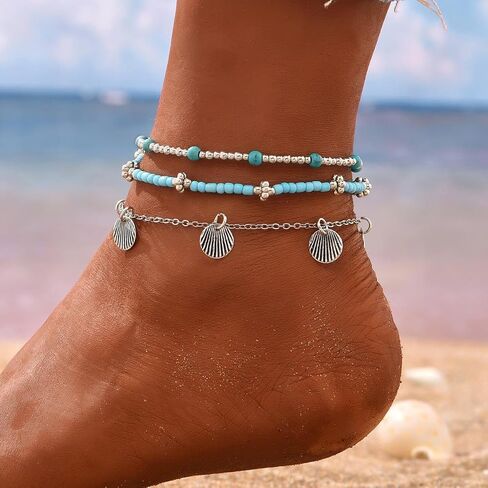 Gold Anklets Bracelets for Women Waterproof Layered Beaded Anklet Bracelets Set Boho Pearl Starfish Shell Anklet Bracelet Stacked Turquoise Anklets Bracelet Summer Beach Foot Jewelry Gift for Women in Saudi Arabia