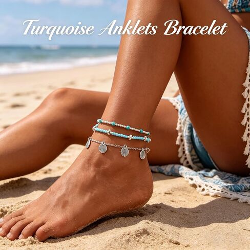 Gold Anklets Bracelets for Women Waterproof Layered Beaded Anklet Bracelets Set Boho Pearl Starfish Shell Anklet Bracelet Stacked Turquoise Anklets Bracelet Summer Beach Foot Jewelry Gift for Women in Saudi Arabia
