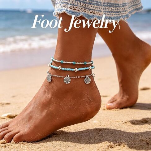 Gold Anklets Bracelets for Women Waterproof Layered Beaded Anklet Bracelets Set Boho Pearl Starfish Shell Anklet Bracelet Stacked Turquoise Anklets Bracelet Summer Beach Foot Jewelry Gift for Women in Saudi Arabia