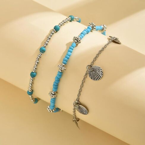 Gold Anklets Bracelets for Women Waterproof Layered Beaded Anklet Bracelets Set Boho Pearl Starfish Shell Anklet Bracelet Stacked Turquoise Anklets Bracelet Summer Beach Foot Jewelry Gift for Women in Saudi Arabia